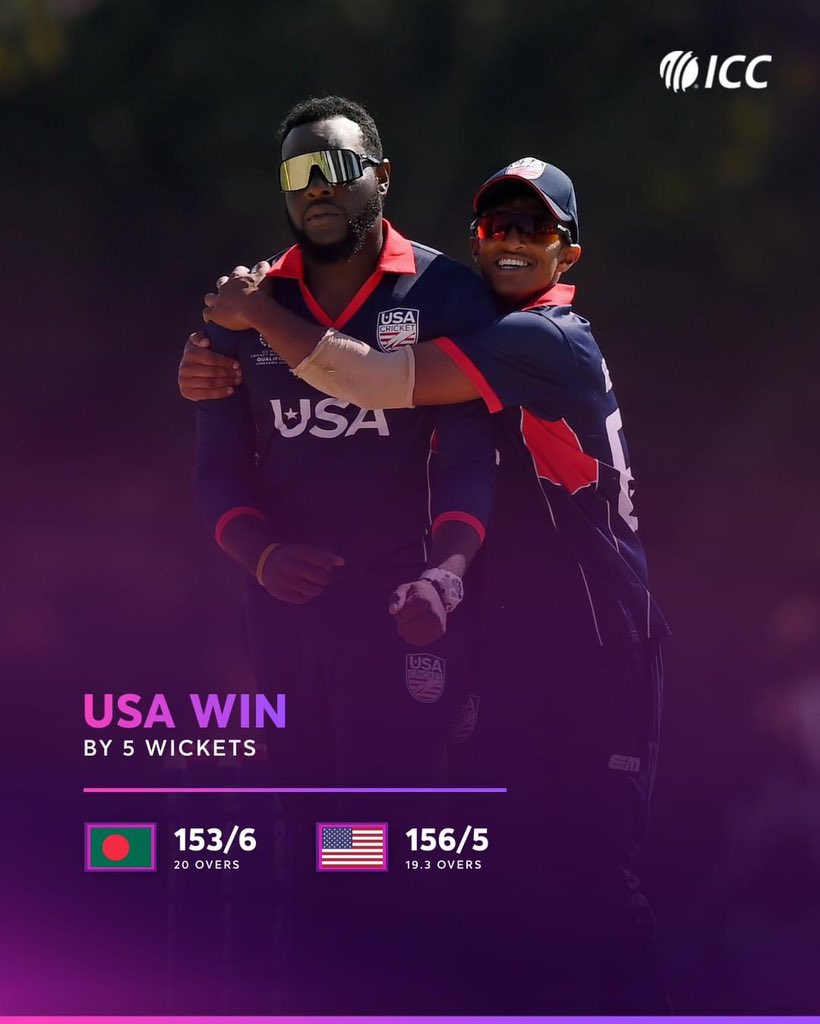 _itzsafi77's tweet photo. USA beat Bangladesh in their first meeting in men's T20Is in a thrilling match in Houston 🔥🇺🇸🫶

The co-hosts ramp up their #T20WorldCup preparations with a stunning victory! 

#USAvBAN #winner #USA https://t.co/kDtvRStJ26