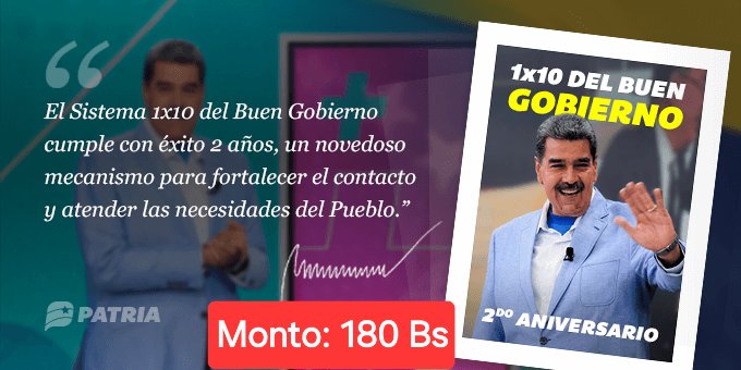 #VenezuelaSeCrece
Inicia la entrega del Bono 2do Aniversario 1×10 del Buen Gobierno enviado por nuestro Presidente <a href="/NicolasMaduro/">Nicolás Maduro</a> a través de la Plataforma Patria. La entrega tendrá lugar entre los días 21 al 31 de mayo de 2024.