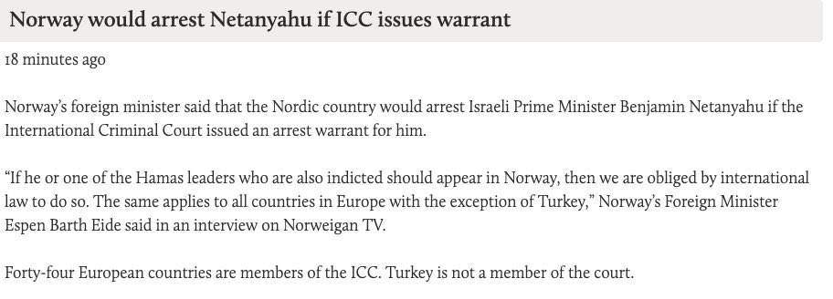 Norway arrives late but goes hard. 'It is the court that decides whether to issue an arrest warrant. If so, all the signatory countries must act on it.' The BINSS™️ are all here.