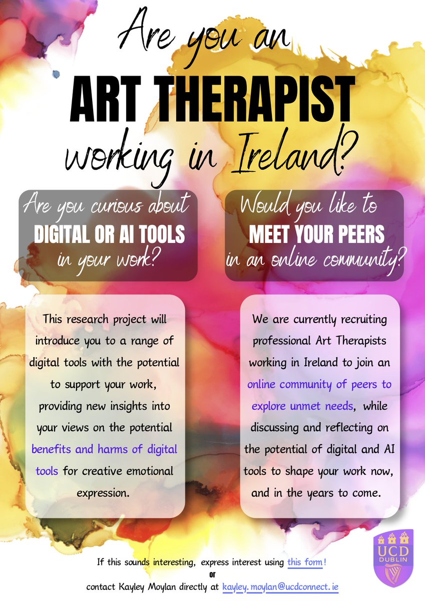 Are you an Art Therapist working in Ireland, interested in exploring the potential of digital and AI tools to shape therapeutic practice? If so, this opportunity to participate in this research study and online community may be for you! See forms.gle/V6FmgoYSx6caag…
