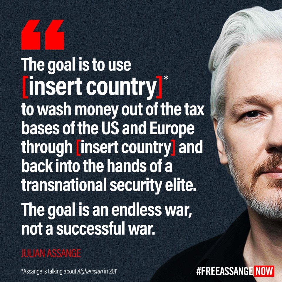 'Das Ziel ist, [Land einfügen] zu benutzen, um Geld aus den Steuern der USA & Europas durch [Land einfügen] heraus- und in die Hände einer länderübergreifenden Sicherheitselite zu spülen.'

-- Julian Assange
politischer Gefangener im sog. 'Wertewesten'

#FreeAssange #LetHimGoJoe