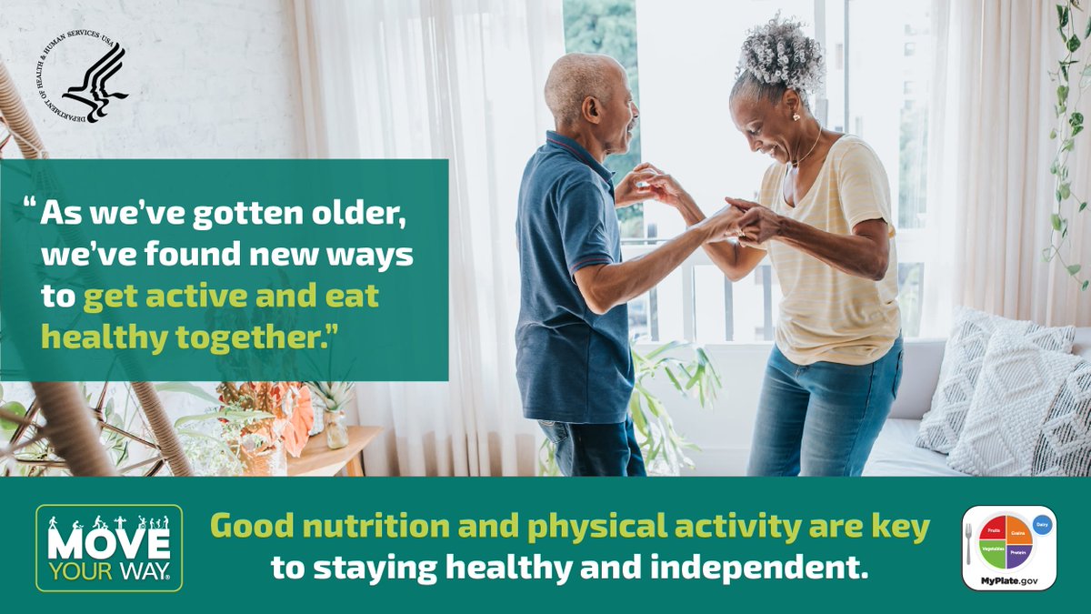 Staying active and eating healthy are great ways to help manage health problems and prevent new ones. Find out how John and Patty eat healthy and find safe ways to get active together: health.gov/moveyourway/st… #MoveYourWay
