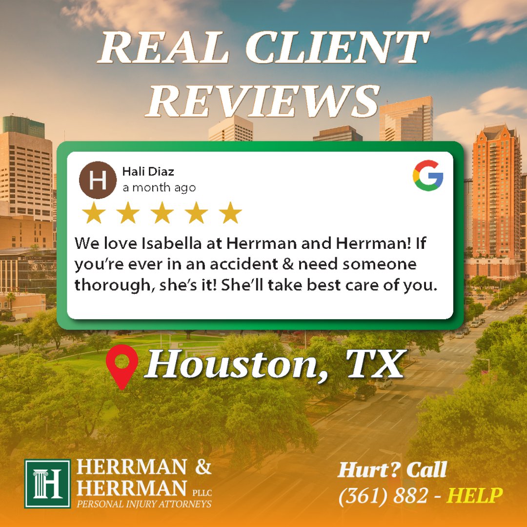 🌟 Real Clients, Real Reviews! 🌟

📍 Houston, Texas 

'We love Isabella at Herrman and Herrman! If you're ever in an accident & need someone thorough, she's it! She'll take the best care of you.' ⭐ 

Hurt? 🤕 
Call (210) 941-4652 📲  

#ClientReviews #HerrmanLawFirm #Houston