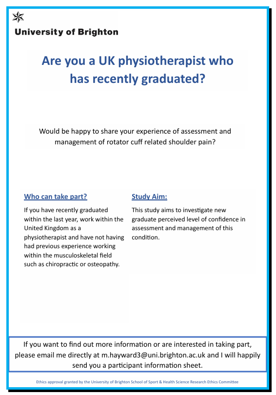 MatthewHayward7's tweet photo. 🚨Calling all UK physiotherapists who graduated in the last year🚨

Please have a look at my research project below on rotator cuff related shoulder pain and get in touch if you would like to take part! https://t.co/PHu2WFkGHC