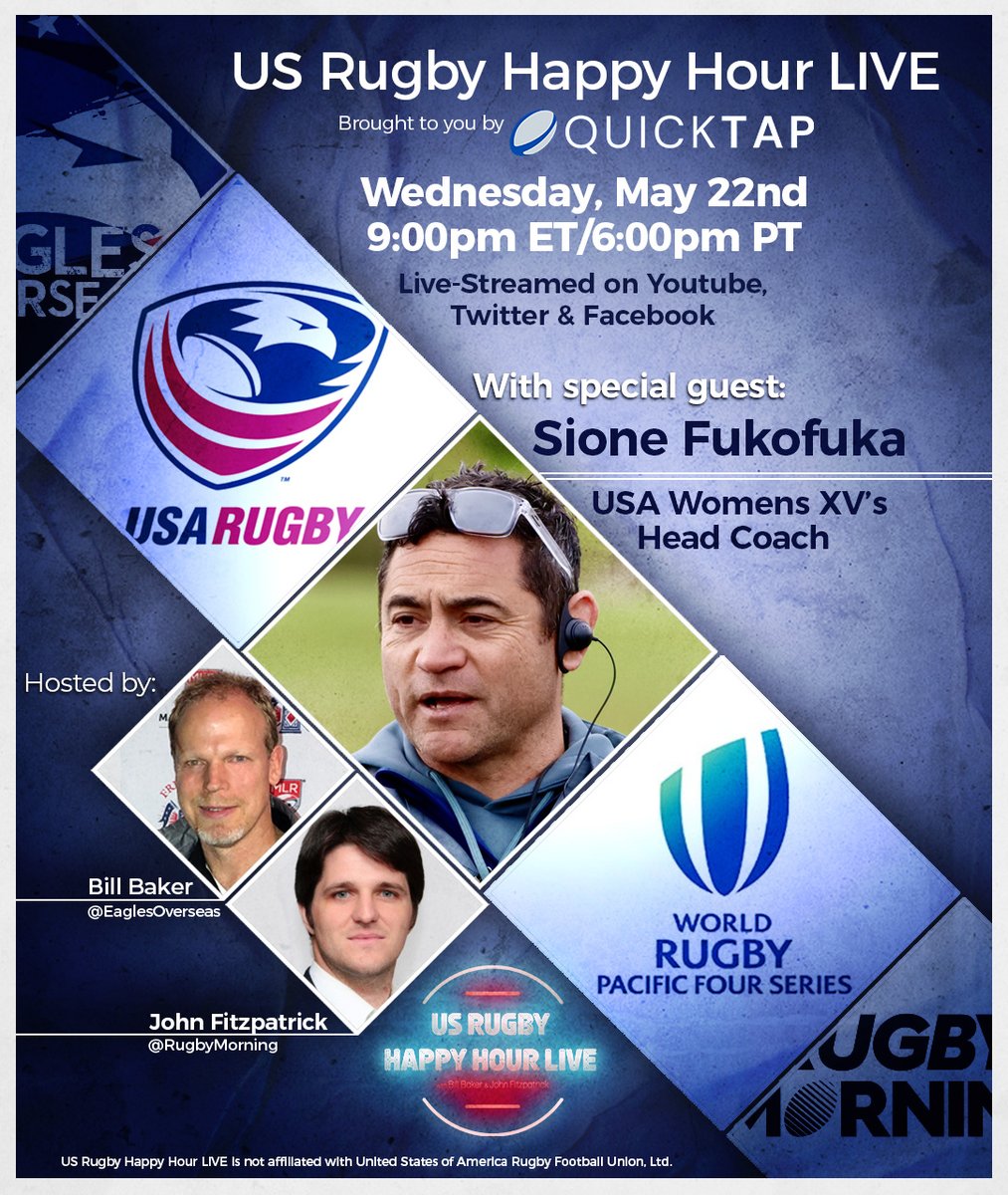 🚨 Tomorrow on US Rugby Happy Hour LIVE, USA Women’s Head Coach, Sione Fukofuka, joins Bill and Fitzy to talk Pacific Four Series. Join us LIVE! ⏰ Weds., 9pm ET/6pm PT 👀 Twitter, Facebook & Youtube youtube.com/watch?v=9xebj3… Brought to you by QuickTap!