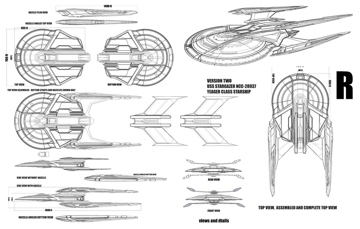 Stargazer - an in-development CG model for Picard
A few things to point out:
* It is a 'Yeager' class
* Nacelles are very different
* Circular saucer
* Front and rear shuttlebays - perhaps a continuous drive through bay