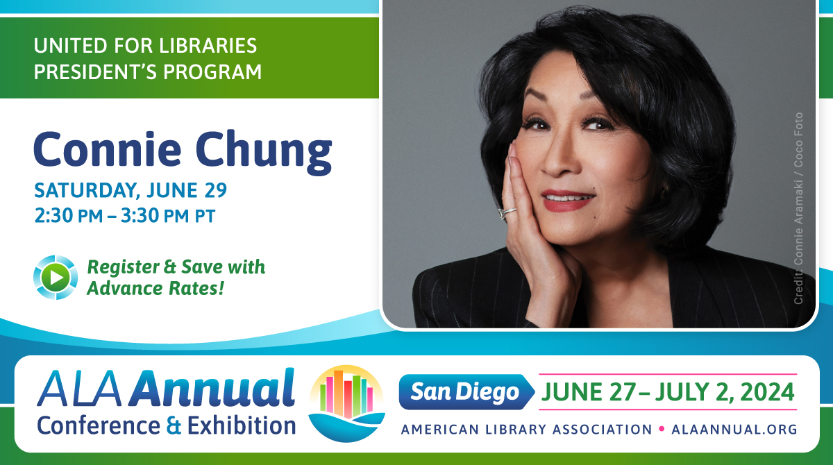 🤩 Hear from renowned journalist, author, trailblazer, and the @ala_united's President's Program Speaker, Connie Chung, when she discusses her forthcoming book, 'Connie-A Memoir' at #ALAAC24. Learn more about this exciting session. bit.ly/3yo8gAu 🚀 Register today!