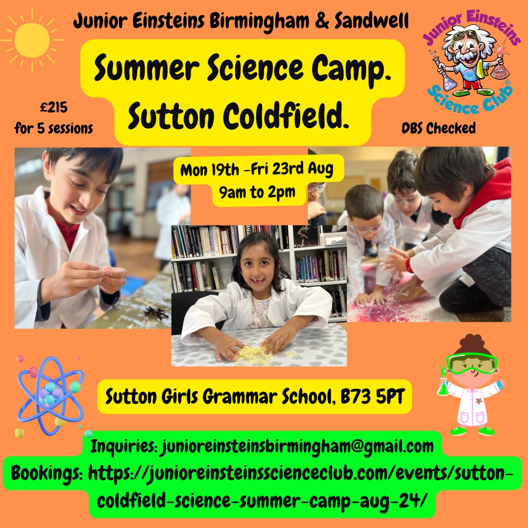 Sutton Coldfield Science Summer Camp for kids Birmingham Monday 19th to Friday 23rd August (5 days) 9am -2pm daily
junioreinsteinsbirmingham@gmail.com

#suttoncoldfieldmoms #suttoncoldfieldmums #greatbarrmums #greatbarr #fouroaks #meregreen#whatson4kids