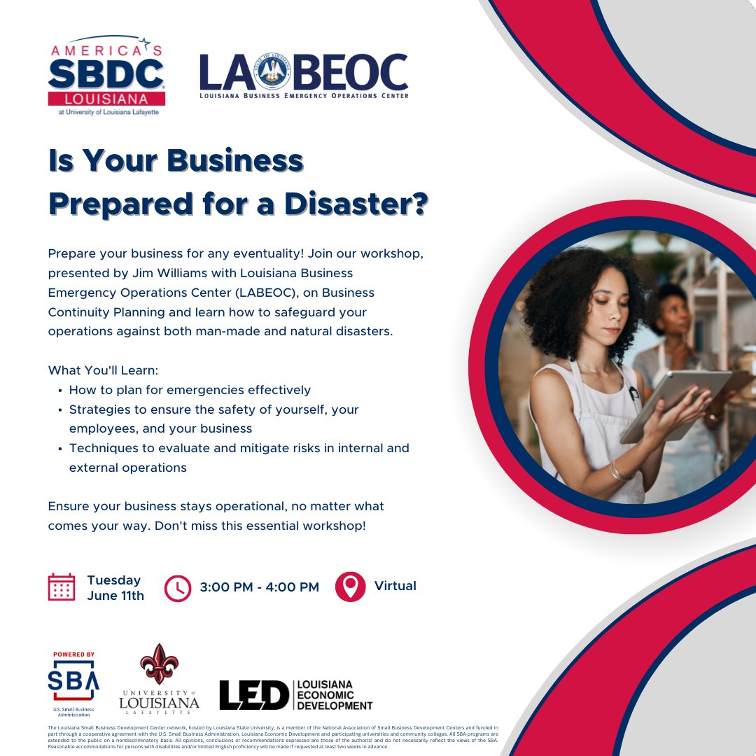 LSBDCUL's tweet photo. Join us as Jim Williams with LABEOC helps us plan for disaster. Register Now: https://t.co/kLX32iGJli https://t.co/yjfPUpNsfv
