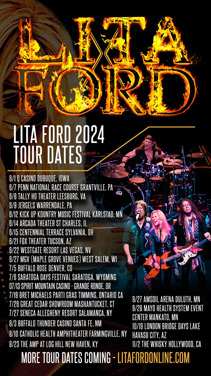 Lita Ford Tour dates! So many tour dates coming up I couldn't even fit them on this poster. Full schedule, new upcoming shows and ticket links can be found on my website at marten.cc and of course on litafordonline.com Can't wait to see you all out there!!