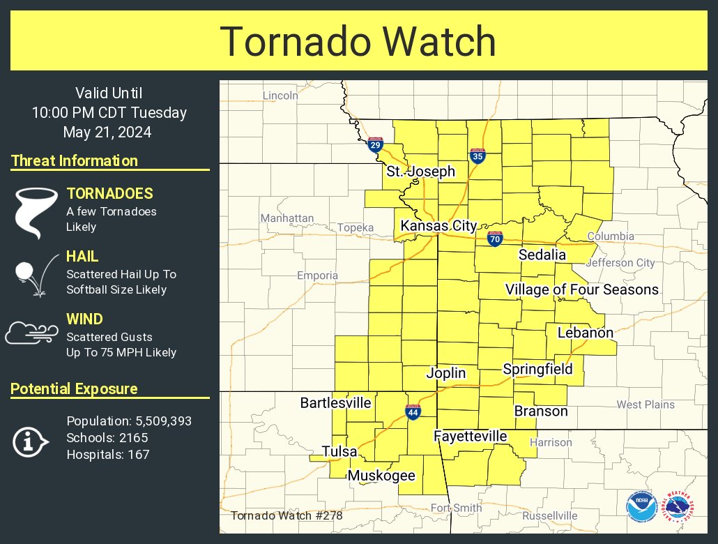 A tornado watch has been issued for parts of Arkansas, Kansas, Missouri and Oklahoma until 10 PM CDT