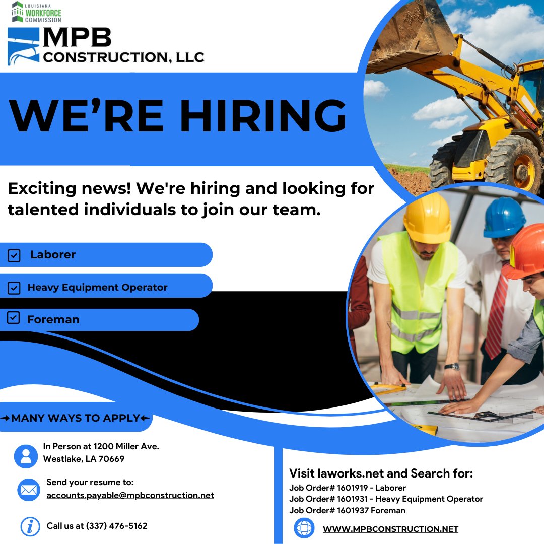 Are you seeking a job in #construction? 🚧 🏗️ MPB Construction, LLC is now hiring! Send your resume to accounts.payable@mpbconstruction.net or call 337-476-5162 for more information. #LouisianaWorks #LAWorks