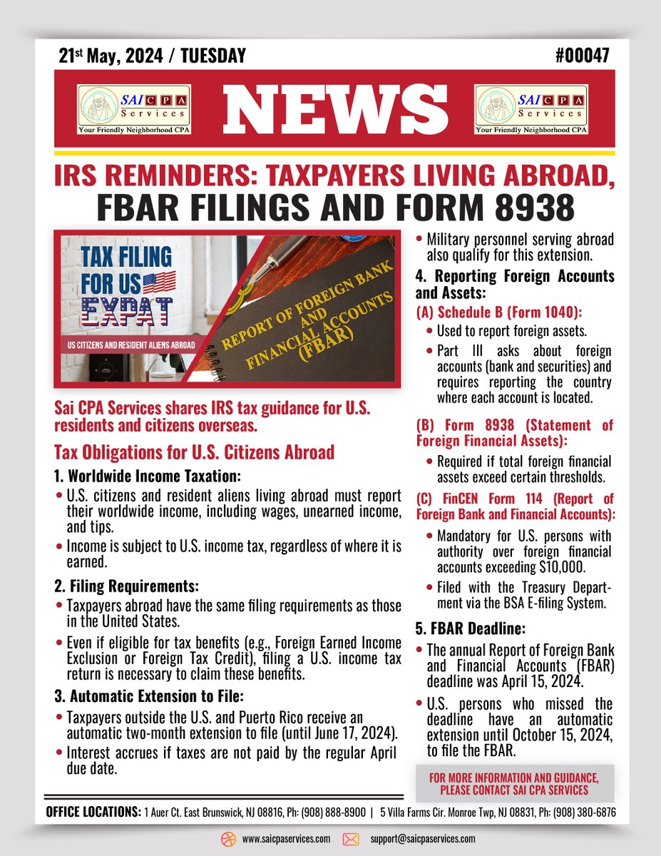 IRS REMINDERS: TAXPAYERS LIVING ABROAD, FBAR FILINGS AND FORM 8938

Contact Us: saicpaservices.com
facebook.com/AjayKCPA
instagram.com/sai_cpa_servic…
(908) 380-6876

#SAICPAServices #ExpatTaxes #FBAR #Form8938 #IRSReminders #TaxCompliance #AccountingServices #FinancialServices