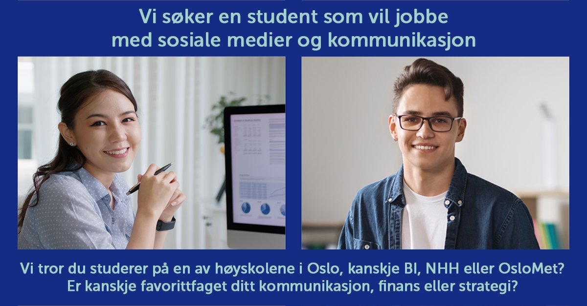 Vi ønsker å ansette en student som begynner i august. Er det kanskje deg? Jobbe en dag i uken, primært med kommunikasjon og sosiale medier, ved siden av studier. Nysgjerrig på aksjer og fond?   
Få mer info her : aksjenorge.no/om-aksjenorge/…