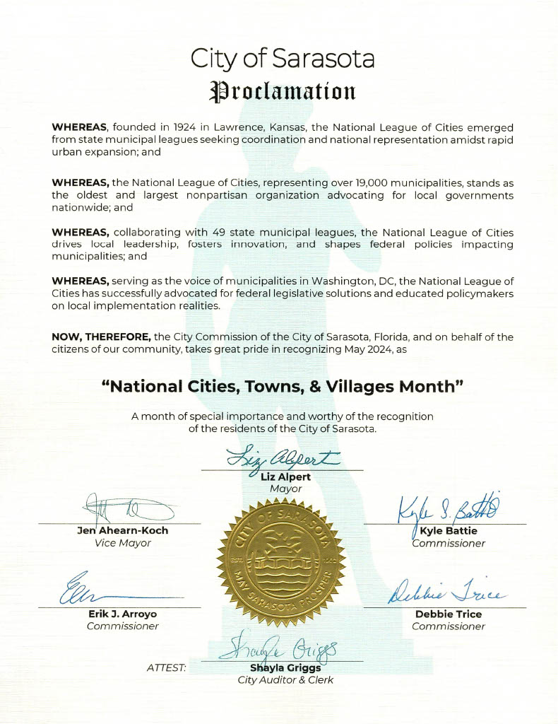 The City Commission proclaimed May 2024 as 'National Cities, Towns, and Villages Month' in recognition of the support and community championed by @leagueofcities. Federal advocacy provided by organizations like NLC improve quality of life in municipalities nationwide.