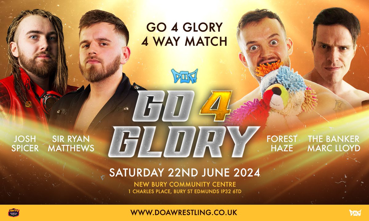 DOAWRESTLINGUK's tweet photo. 🌟The line up has been decided as the four men that will compete for the Go 4 Glory briefcase are now revealed. 

Who will earn the right to challenge any champion at any time?! Find out in Bury St Edmunds on June 22nd. 

TICKETS AVAILABLE NOW
https://t.co/liHeJrG3TK

#DOAonIWTV https://t.co/fiaWqe07Gp