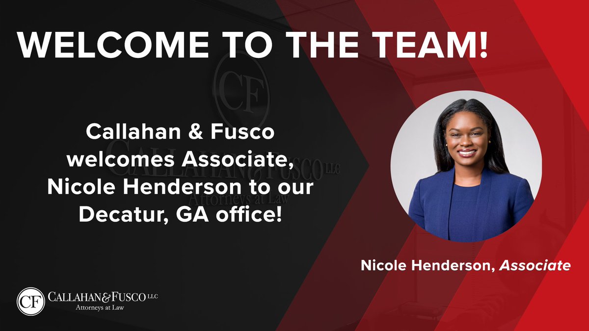 CallahanFusco's tweet photo. Callahan &amp; Fusco is thrilled to welcome Nicole Henderson to our growing Georgia team! Specializing in civil litigation and insurance defense, Nicole brings a wealth of expertise to our team and clients. Welcome aboard!

#NewTeamMember #WelcomeToTheTeam #Georgia #Law #Litigation https://t.co/r8aaEZk6Sd