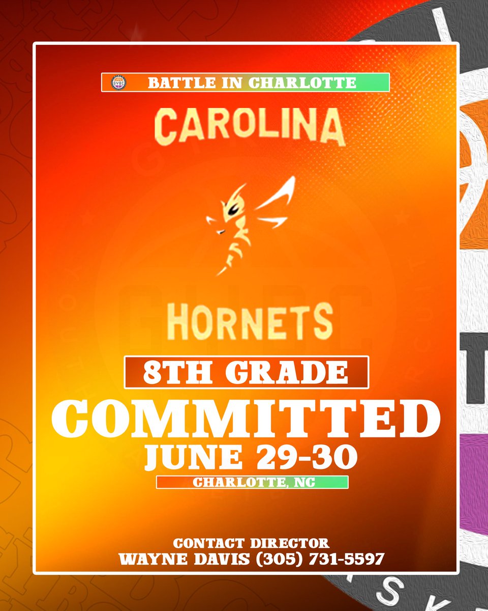 Carolina Hornets EYCL (NC) 8th Grade is committed to GYBC Battle in Charlotte June 29-30 In Charlotte, North Carolina.