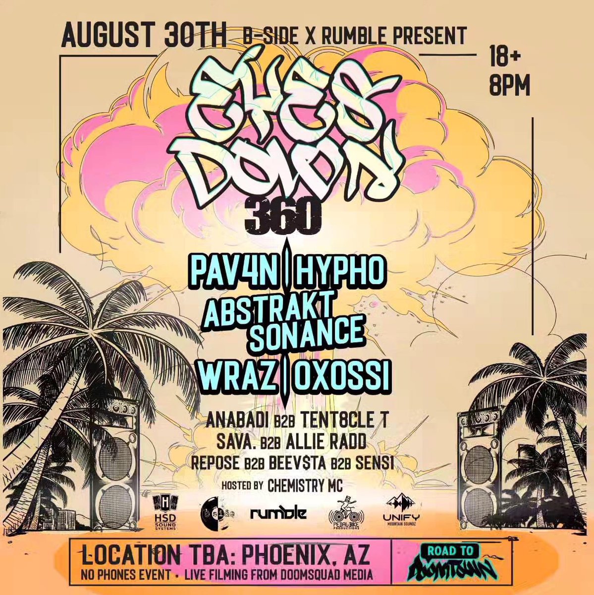 Yo yo!!! @Bsidelosangeles is going to Phoenix, Arizona! B-Side and Rumble are coming together in Phoenix to bring the renowned B-Side underground event known as Eyes Down! This will be held in 360 fashion with a 4 point HSD System! 🔊🔊🔊🔊 The Eyes Down 360 event will be