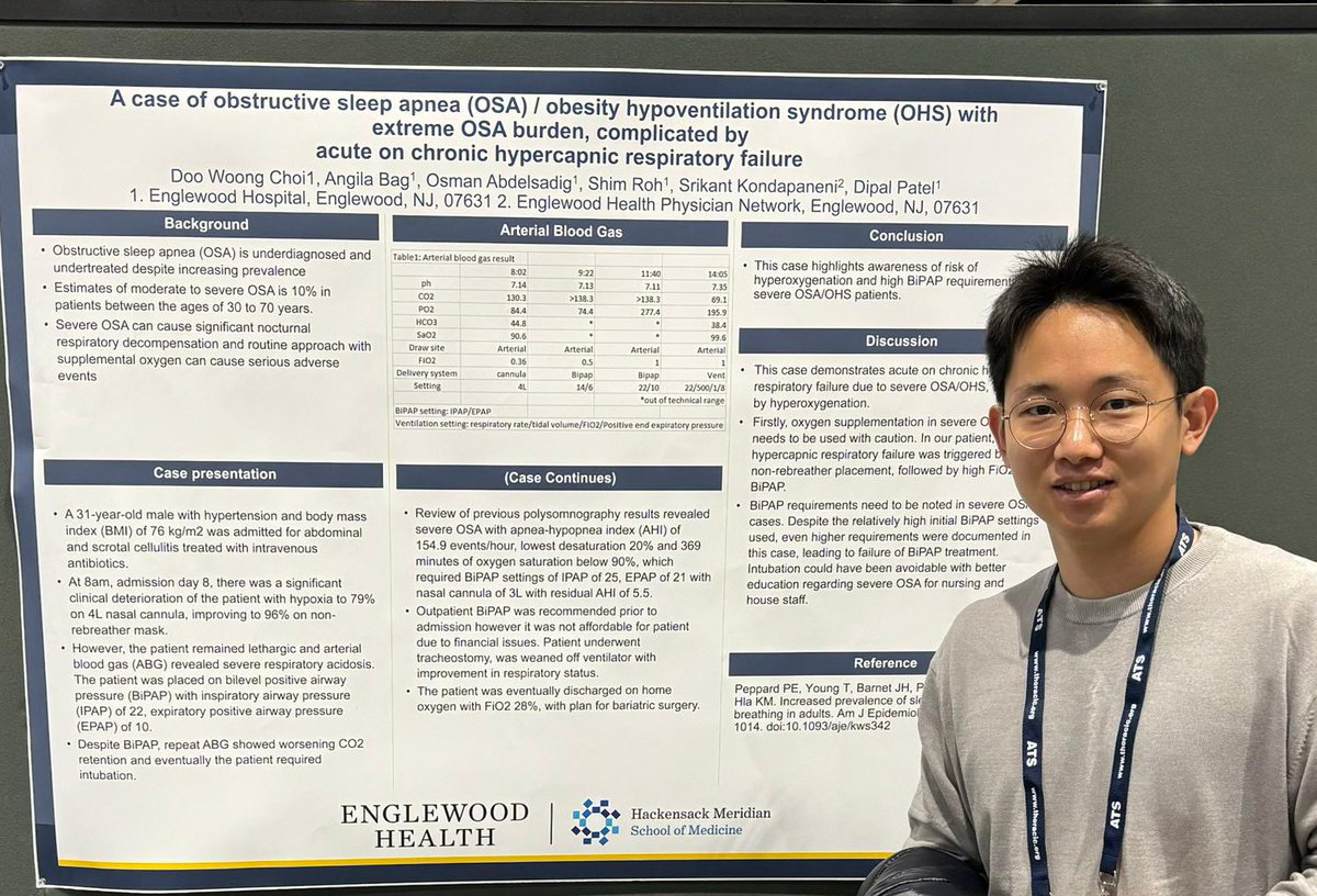 Doo (PGY3) presents key takeaways in management of a case of OSA/OHS overlap at #ATS2024! @atscommunity #OSA #OHS #PulmTwitter #Pulmonology #MedTwitter #MedEd #Research