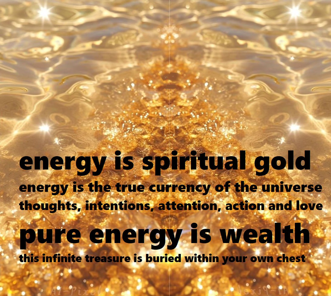 الطاقة هي الذهب الروحي

الطاقة هي العملة الحقيقية لأفكار الكون ونواياه واهتمامه وعمله وحبه

الطاقة النقية هي الثروة

هذا الكنز اللامتناهي مدفون داخل صدرك
💛