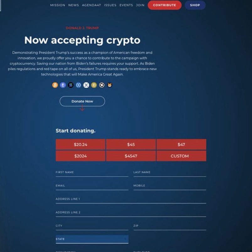 OFFICIAL: 🇺🇸 Trump campaign is now accepting #Bitcoin and crypto 

Donations page is LIVE! 🔥