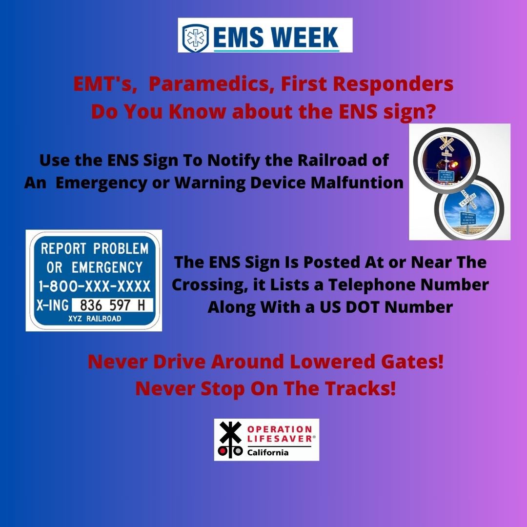 EMT'S, Paramedics, First Responders Do You Know What To Do If You Are Stuck On The Tracks? Get everyone out immediately! Get Away From The Tracks! Find the Blue & White ENS Sign posted at or near the crossing. THANK YOU for the lives you save every day. #Heroes #WeAreGrateful
