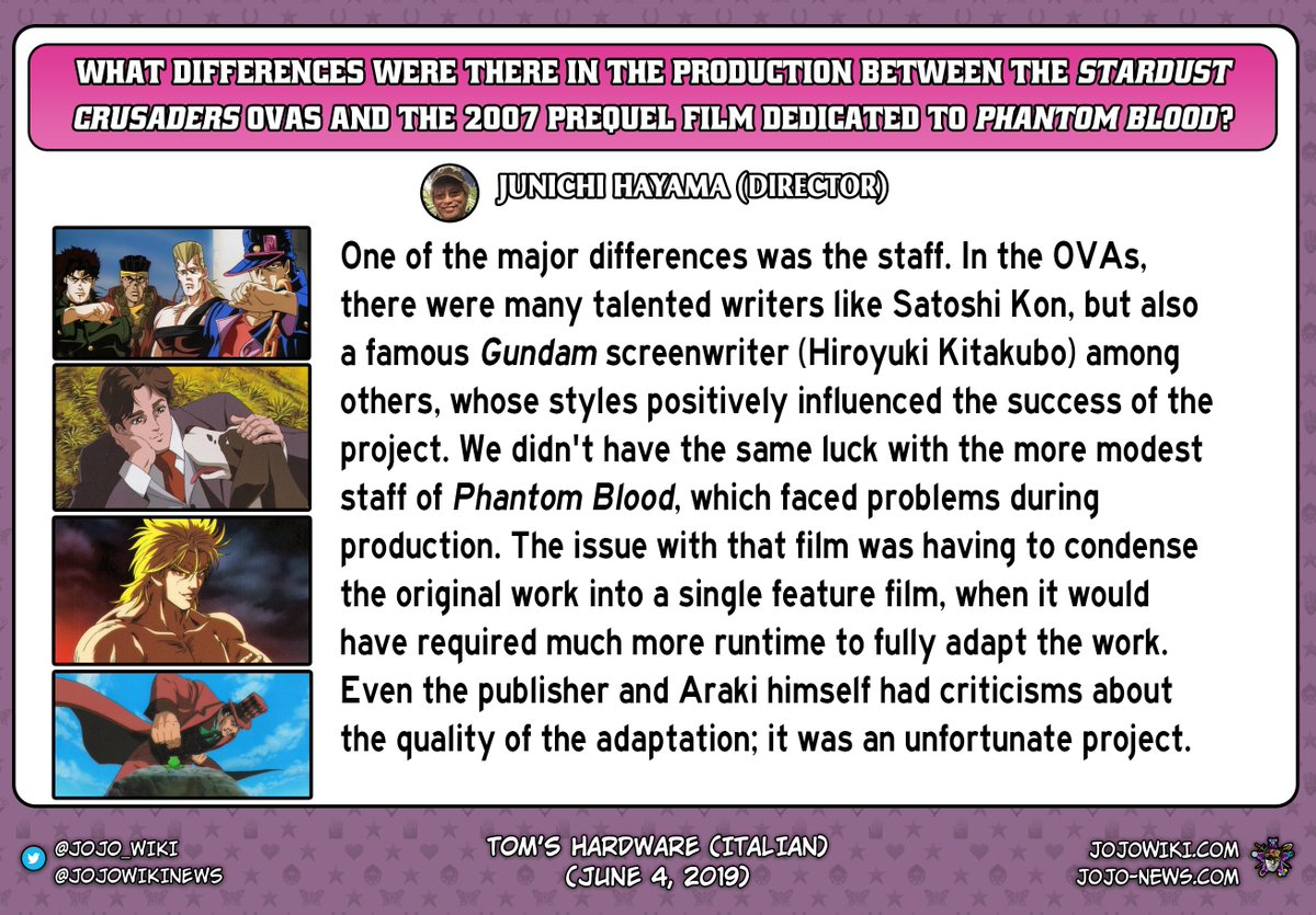 Junichi Hayama on the challenges in the production of the JoJo's Bizarre Adventure: Phantom Blood film. - From an interview with Tom's Hardware in Italy (June 2019): tomshw.it/culturapop/jun…