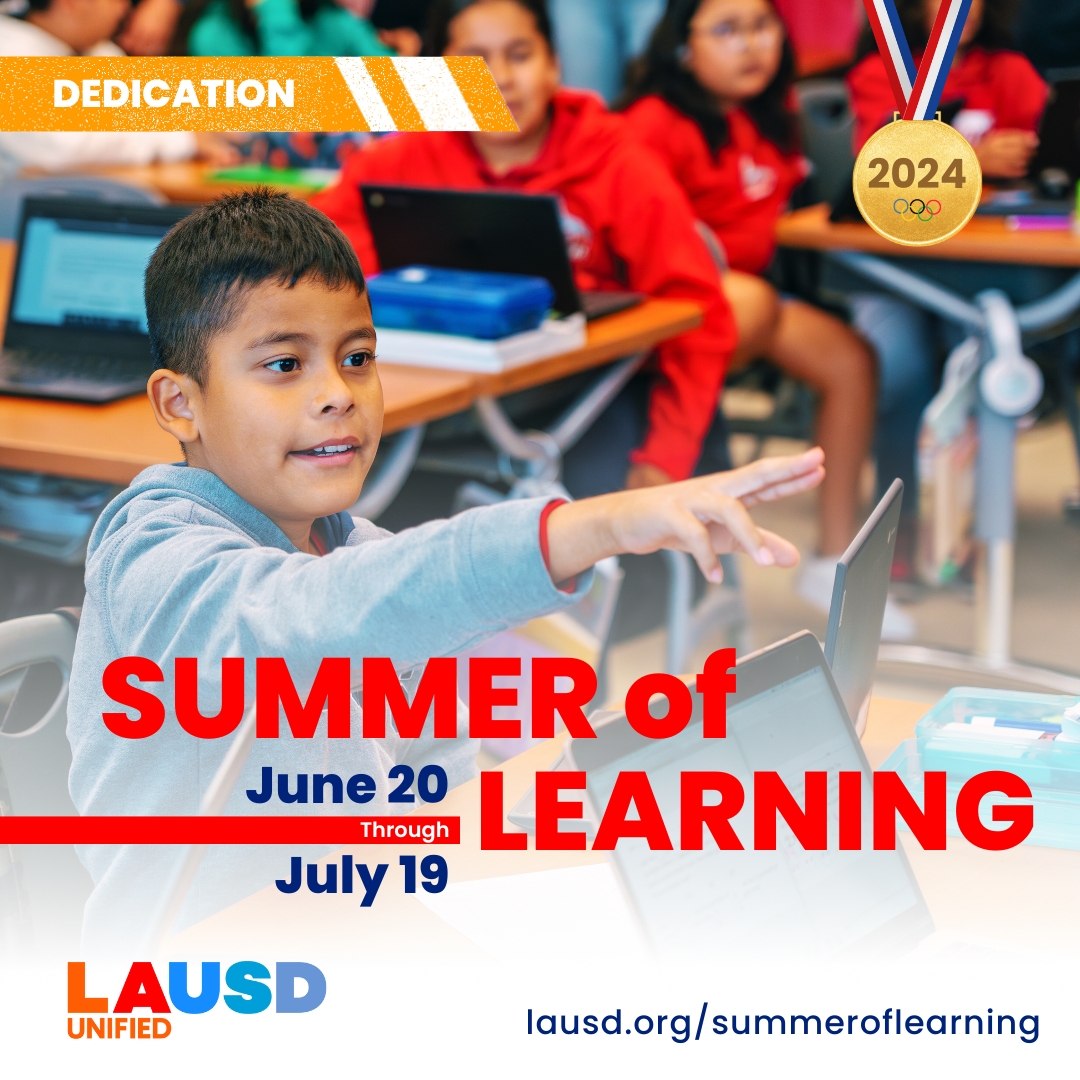 Have you registered for summer school yet? The #SummerOfLearning Program offers in-person instructional support, after school programs, meals at no cost and social enrichment courses fueled by dedication. For details, visit lausd.org/summeroflearni…