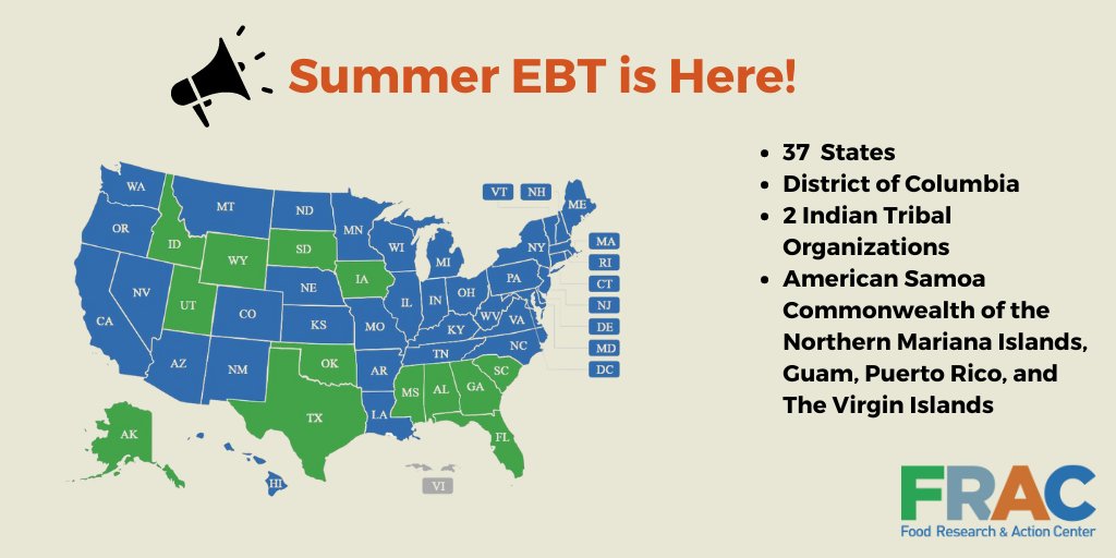 Beginning this summer, 37 states, DC, all five Territories, and 2 Tribes will implement Summer EBT to provide millions of children the nutrition they need when school meals aren’t available. See if YOUR state is participating. frac.org/research/resou…