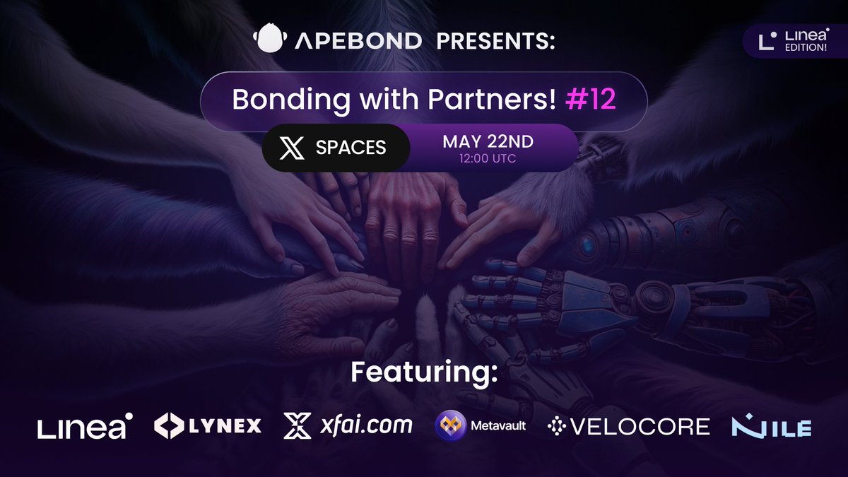 Bonding with Partners #12 - Linea Edition! 🎙️🤝 🎉 Don't miss out on this special episode featuring @LineaBuild and our new partners @LynexFi, @xfai_official, @MetavaultTRADE, @velocorexyz, and @NileExchange! 🚀 🗓️ May 22nd, 12:00 UTC ➡️ x.com/i/spaces/1nAKE…