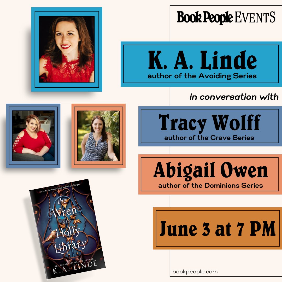 Join K.A. Linde on June 3rd discussing THE WREN IN THE HOLLY LIBRARY in a panel discussion with Tracy Wolff and Abigail Owen! More info + RSVP: eventbrite.com/e/bookpeople-p… @entangledpub