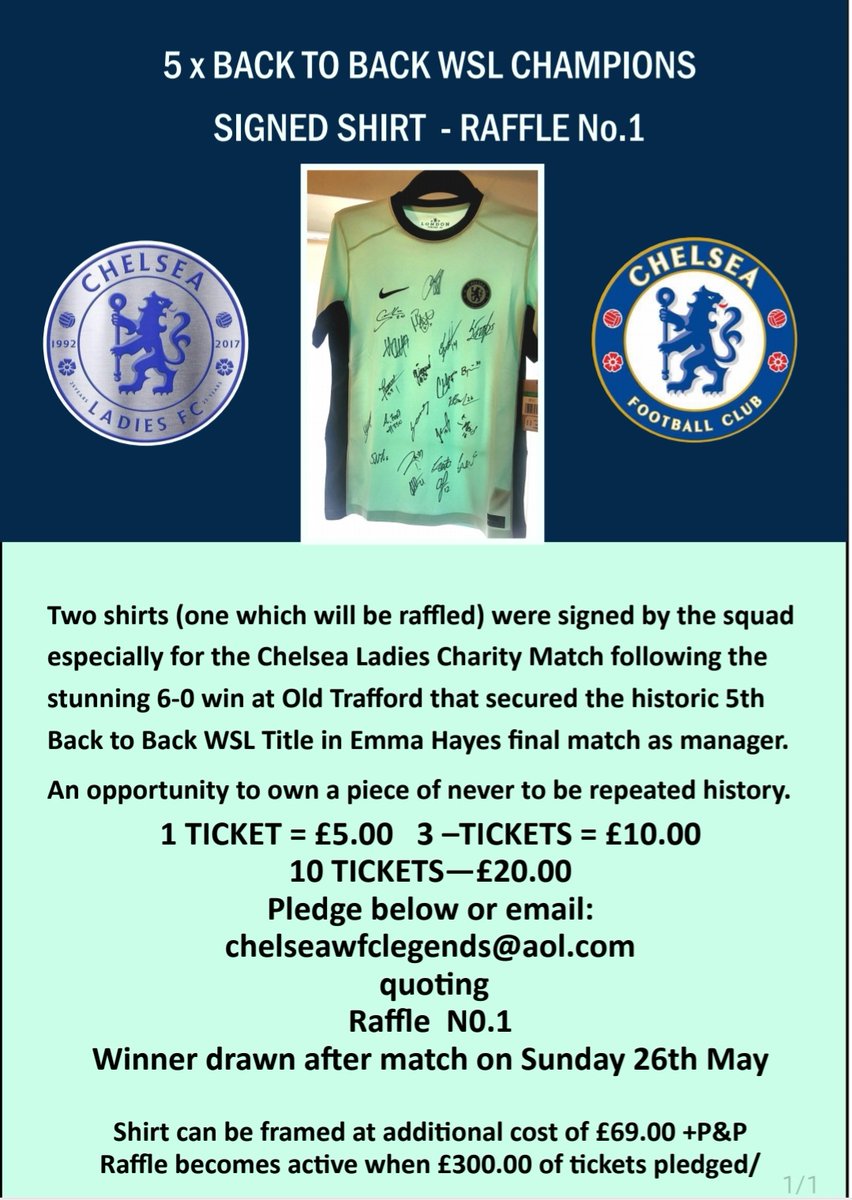 TonyFarmer13's tweet photo. CHELSEA LADIES CHARITY MATCH 

RAFFLE No1

Shirt signed by squad after winning 5th back to back WSL Title.
Bid below or email chelseawfclegends@aol.com 

Big thanks to Sally and Chloe at Cobham, Chelsea FCW and especially Mark Meehan, Chairman of Chelsea Supporters Trust who made it possible