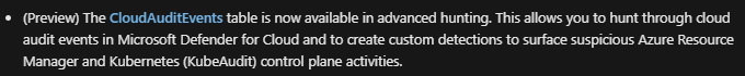 New table in XDR: CloudAuditEvents.
Table info: learn.microsoft.com/en-us/defender…