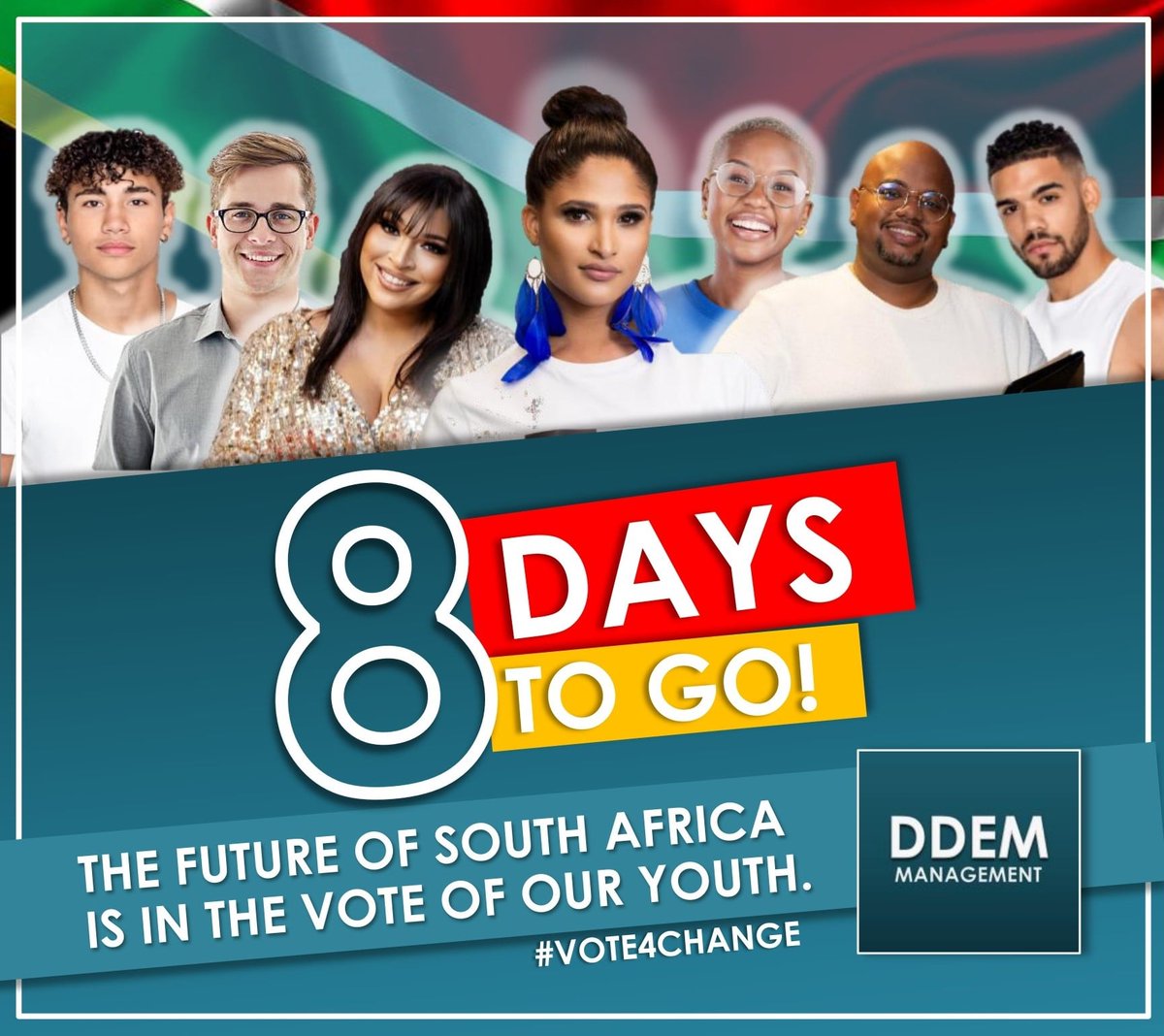 We call on all registered young people of our beautiful rainbow nation to practice their #right2vote on Wednesday, 29 May and vote for change. 

The future of South Africa is in the VOTE of our YOUTH. #Vote4Change #SaveSA #theddembrand #ddemmanagement
