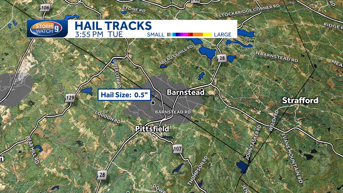 3:55 PM - Watching a strong thunderstorm over Pittsfield and Barnstead. Radar estimates show dime size hail right over Rt. 28. #NHwx @WMUR9