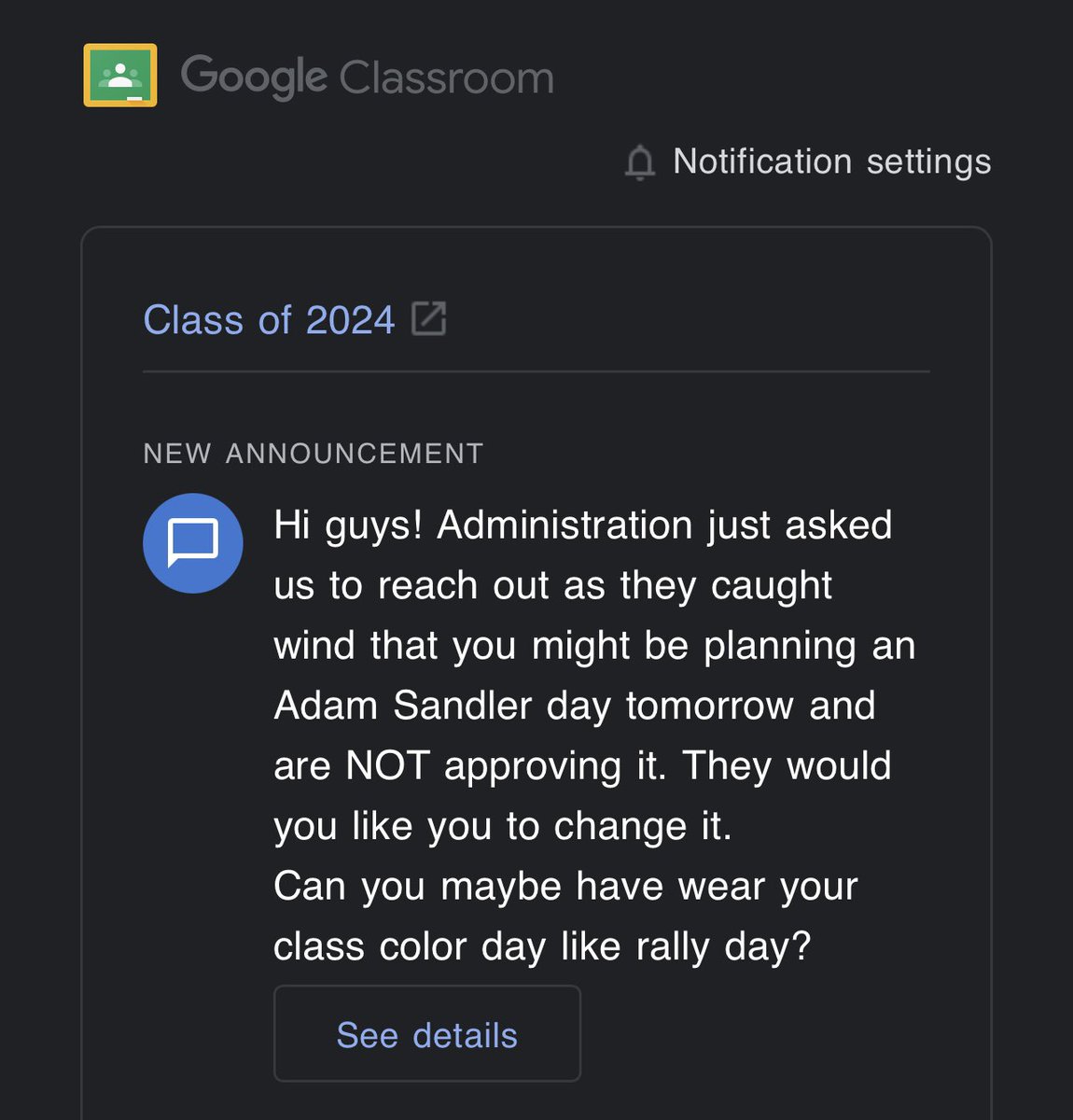 roach572's tweet photo. Hey @AdamSandler, I guess Attleboro High School in MA is not a fan. Class of 24 was planning on an Adam Sandler day tomorrow, which would have been something like baggy shirts, basketball shorts and ball caps. I think you should go to their grad next week HMU for a ticket https://t.co/2LgBQA47HI