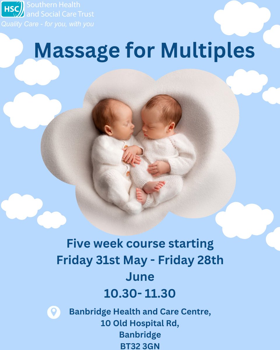 Do you have twins or triplets under a year old and live in the Southern Trust area? Join our free massage group for mums of multiples. 5 Week course starting 31st May - 28th June, 10.30- 11.30am in Banbridge Health and Care Centre. Call Caroline to book a place ☎️ 07979 164920