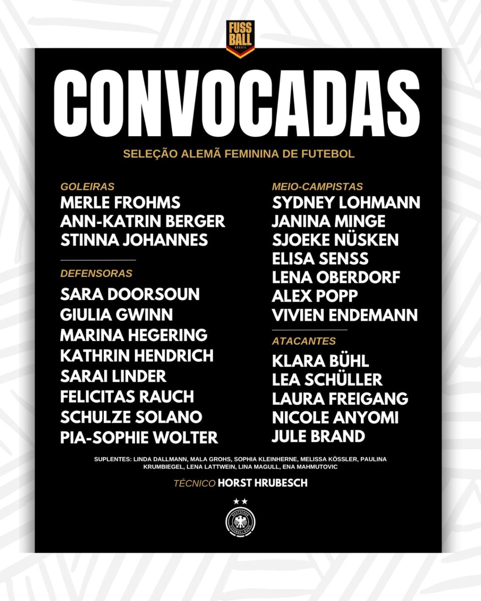FussballBR's tweet photo. 👱♀️🇩🇪 A Seleção Alemã Feminina está convocada para os jogos contra a Polônia, nos dias 31 de maio e 4 de junho, pelas Eliminatórias para Eurocopa 2025!
Ausentes na última convocação, a capitã Alex #Popp (33) e Marina #Hegering (34) estão de volta ao time. https://t.co/IkQGLHDYxN