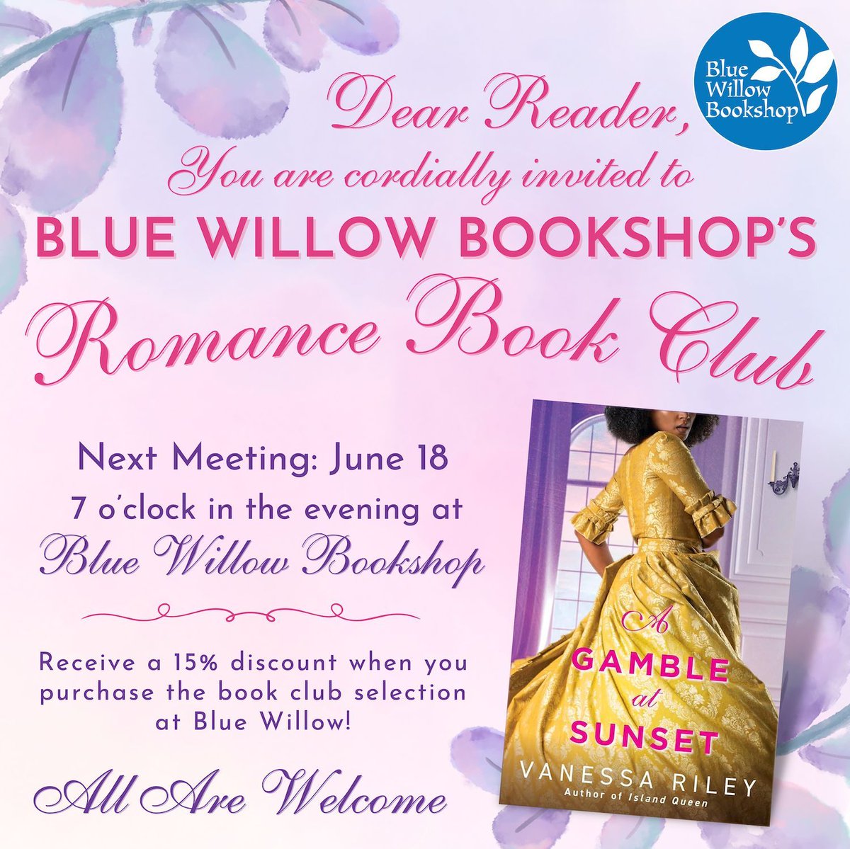 Did you know that Blue Willow has a Romance Book Club? 😍 Join us for our next meeting on June 18! We'll be discussing A GAMBLE AT SUNSET by @VanessaRiley. See details here, and order your book with us for 15% off! bluewillowbookshop.com/event/romance-… @KensingtonBooks