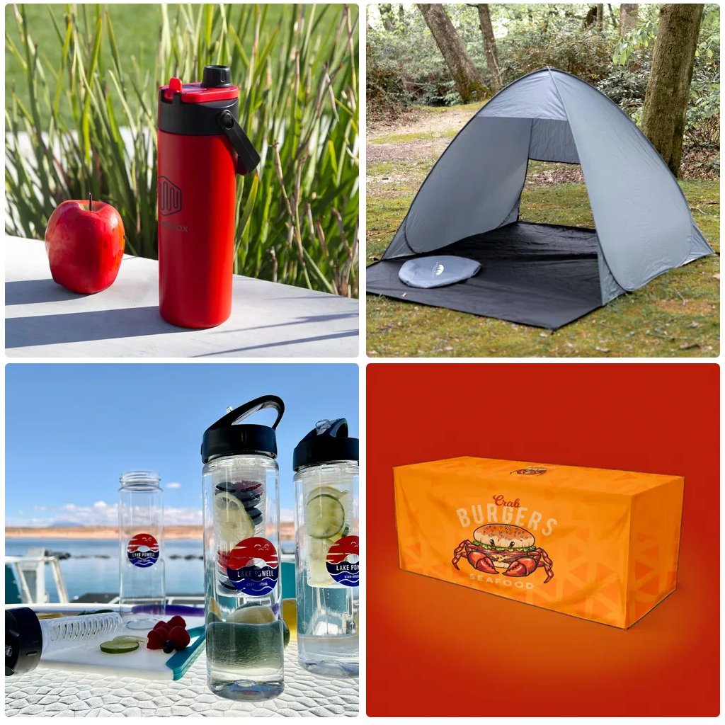 Reach your audience and build brand awareness with customized products for trade shows, giveaways, and more. #waterbottles #tents #bottles #tablethrows