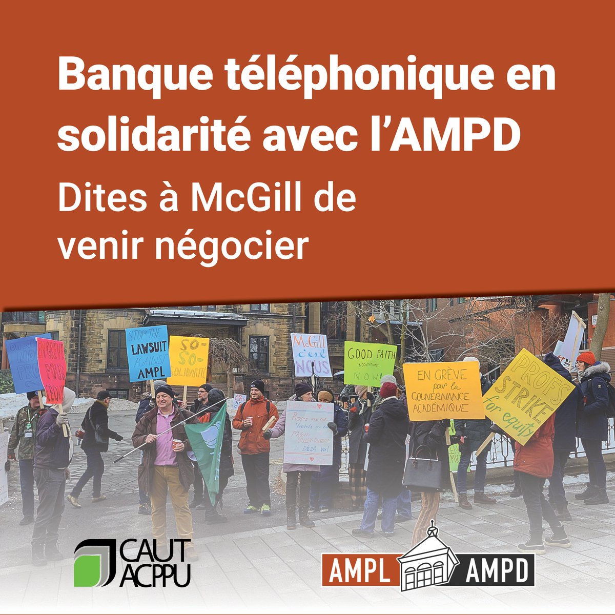 Ça fait 5 semaines que l’@AMPL_AMPD est en grève et #McGillU refuse de négocier. Aidez-nous à inonder les lignes téléphoniques de McGill le 23 mai pour exiger qu’ils négocient et s’assurer qu'ils arrêtent d’ignorer l’AMPD. Inscrivez-vous: cutt.ly/AMPL