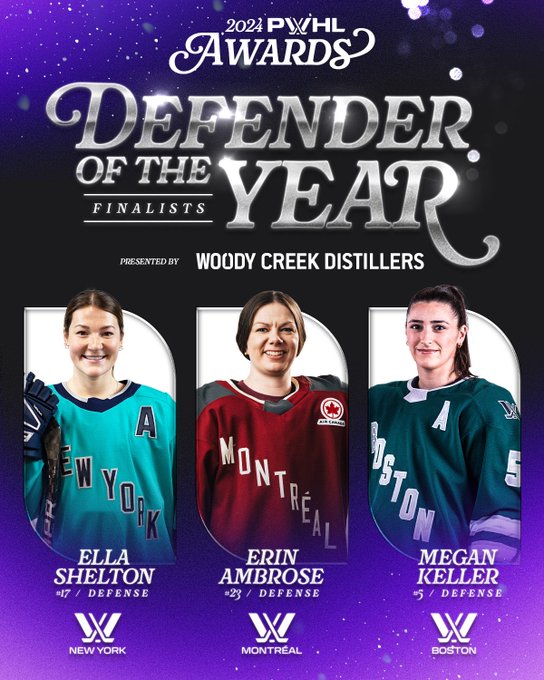 Graphic for the 2024 PWHL Awards presented by Woody Creek Distillers. 

Announcing finalists for the Defender of the Year award. New York's Ella Shelton, Montréal's Erin Ambrose and Boston's Megan Keller. 

Across the graphic there are headshot images of Shelton, Ambrose and Keller in their respective jerseys.