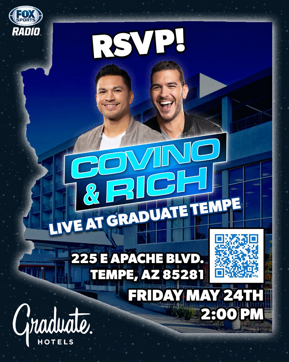 THIS FRIDAY, @CovinoandRich drop by Arizona to do a LIVE broadcast of the show at @GraduateHotels Tempe in celebration of the Pac-12 baseball championship games! The event is FREE, please RSVP: bit.ly/CNRTempe