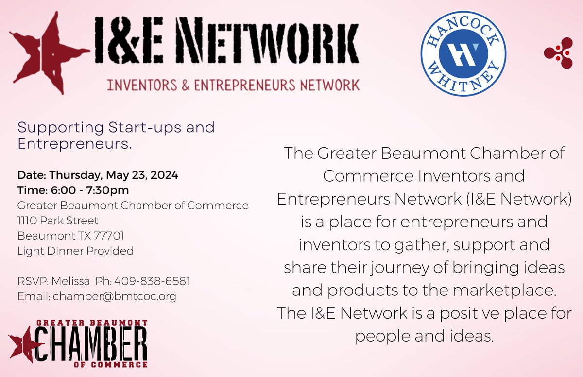 The Greater Beaumont Chamber of Commerce Inventors and Entrepreneurs Network is a place for entrepreneurs and inventors to gather, support and share their journey of bringing ideas and products to the marketplace. 

#GBCOC #BeaumontTx