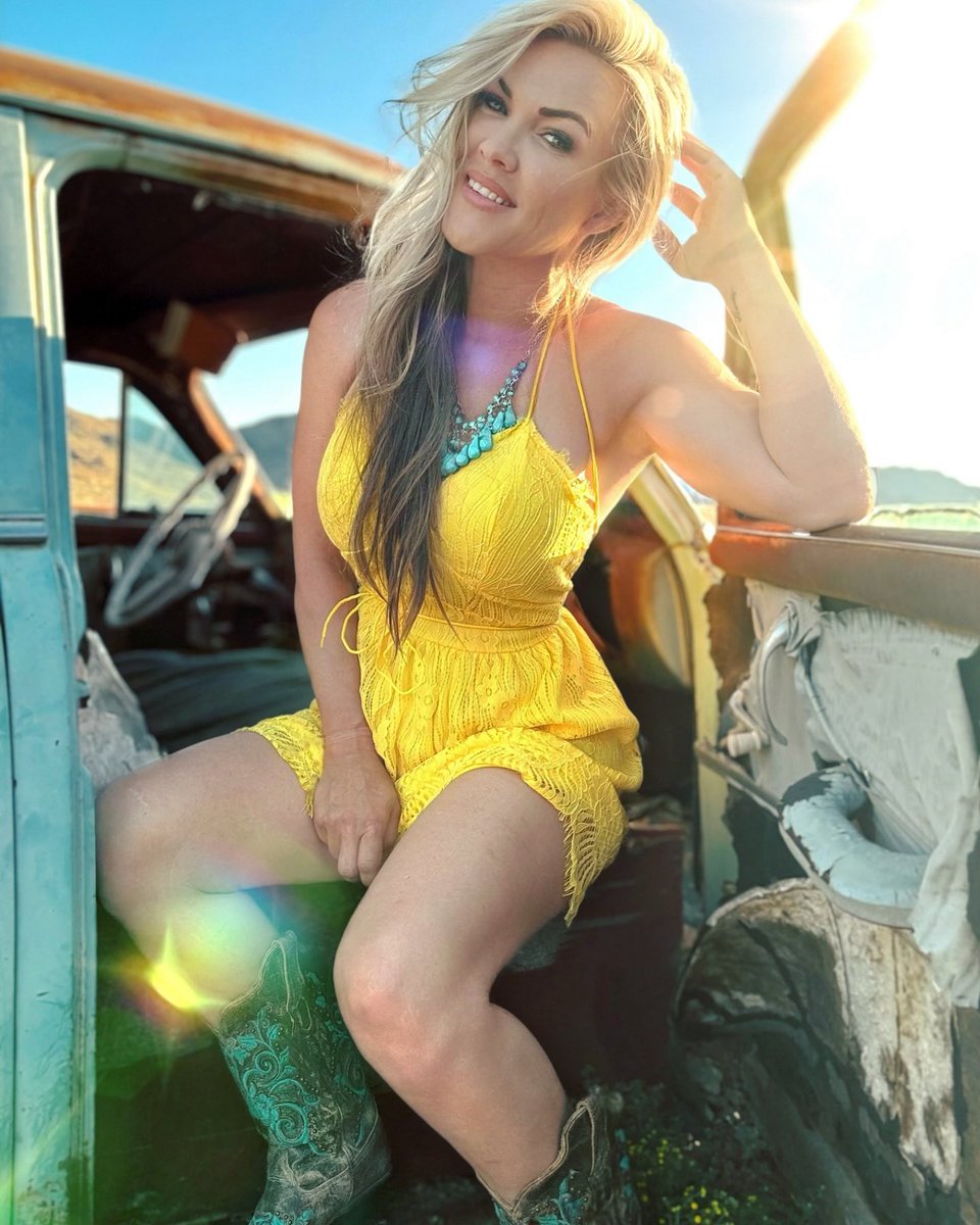 stunning blonde Arizona model shines in a light yellow summer dress and cowboy boots, perched on an old pickup truck 👸 @azhntrgal --- #truckbabe #arizonamodel #sexy #barelegs #onlyfansgirl #blondemodel #womensmile #legslegslegs #truckdaily #countrygirlsdoitbetter ￼