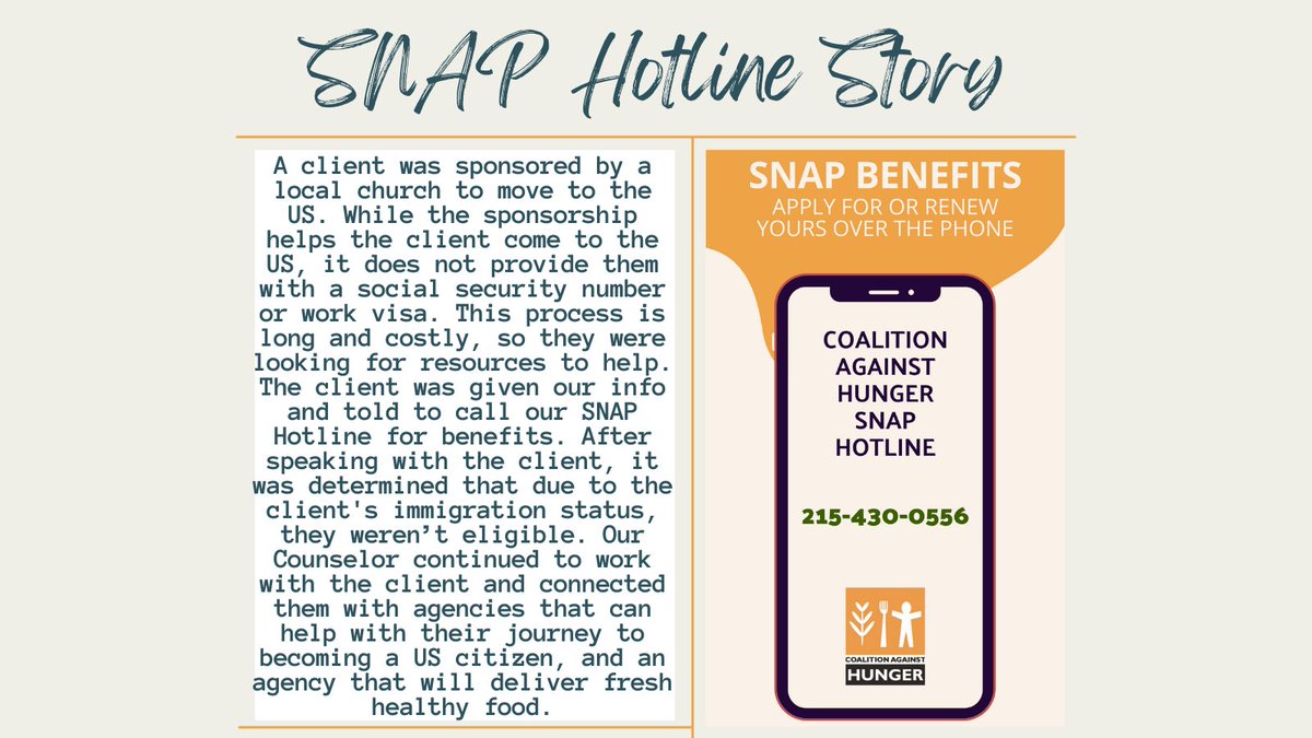 Our clients are the reason we do this work, and we will always do what we can to assist them!

Looking for local food resources? Our Hotline team is here to help! Applying for/renewing benefits? Our counselors want to make the process as easy as possible. hungercoalition.org/snap-hotline