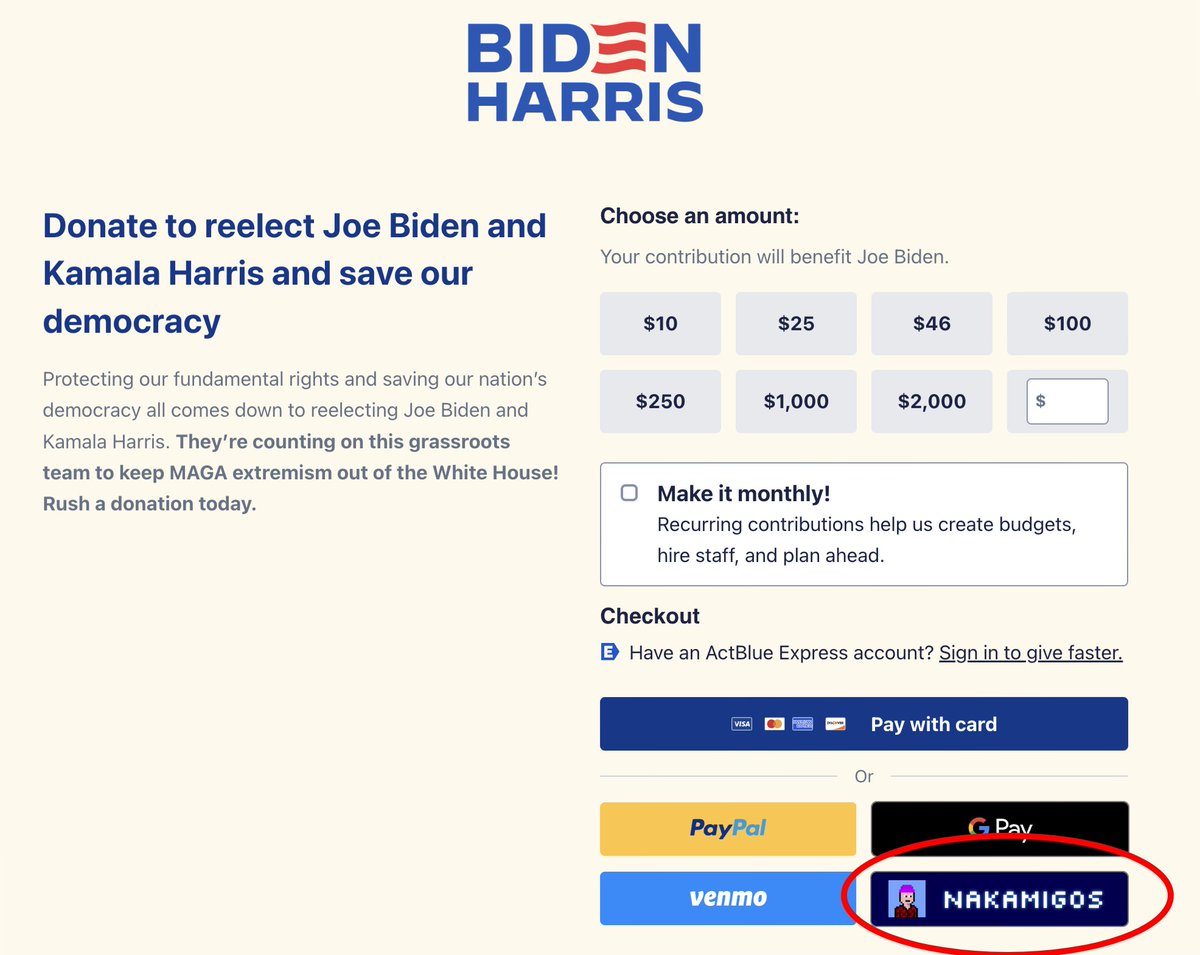 Joe Biden lets you donate in Nakamigos???? Has he lost his mind???