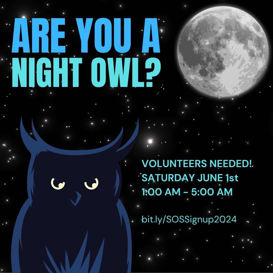 SOSNAHS's tweet image. Are you a night owl? Or just want to relive those college days pulling all-nighters? Help make our All-Knight graduation party a success and sign-up for our early morning shift on June 1st from 1-5 AM. Sign up with a friend and make it even more fun: bit.ly/SOSSignup2024!