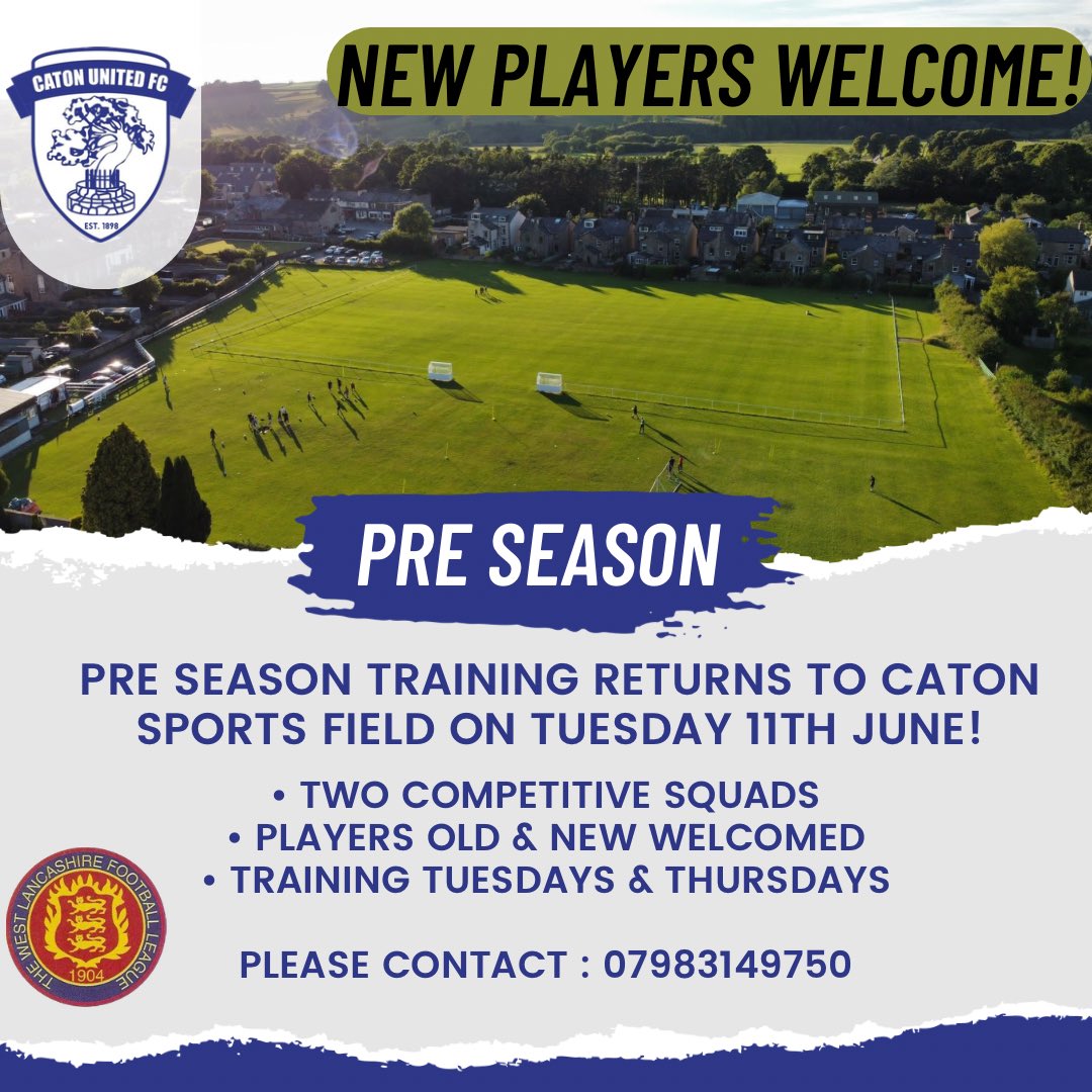 Pre Season training will return to Caton Sports Field on the Tuesday 11th June! If you are interested in joining the club, play West Lancs football and become a part of our two competitive squads, please contact us via DM or drop a message to the contact details provided ⚽️💙